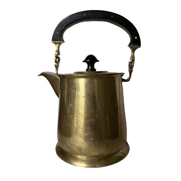 Vintage Brass Tea Pot Kettle Wood Handle Lid Attached, Flaw With The Handle - Picture 1 of 16